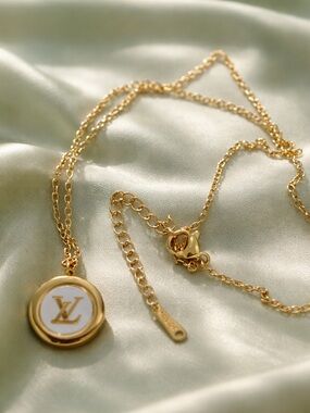Upcycled Louis Vuitton Gold Necklace with White Pearl LV Medallion